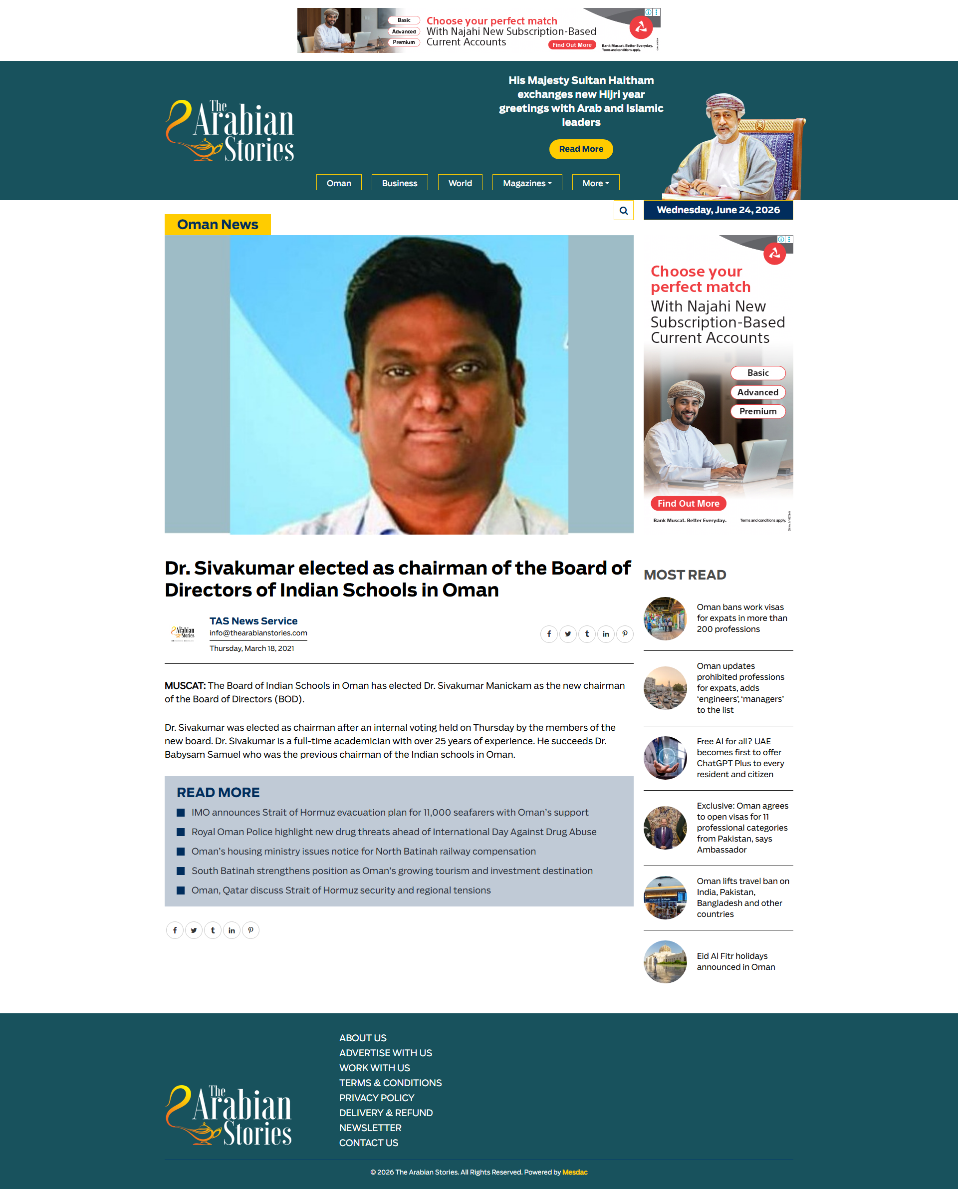 Dr. Sivakumar elected as Chairman of the Board of Directors of Indian Schools in Oman