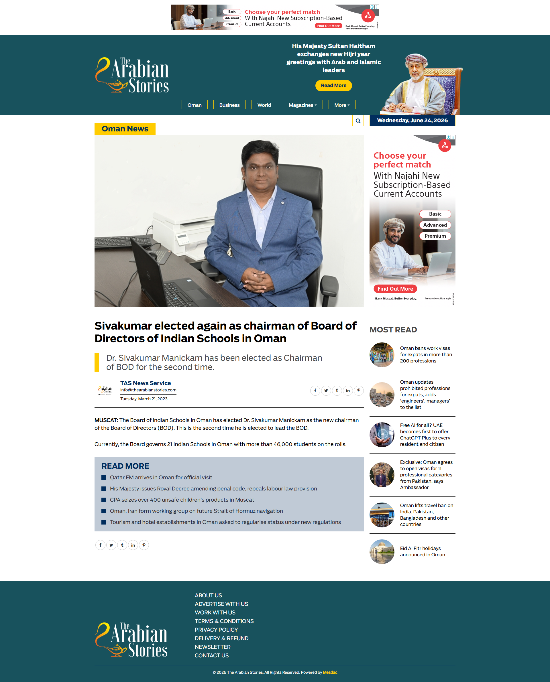 Sivakumar elected again as Chairman of Board of Directors of Indian Schools in Oman